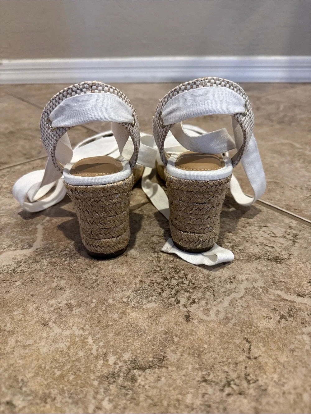 Kelly & Katie White Lace Espadrille Wedge with Ankle Ties